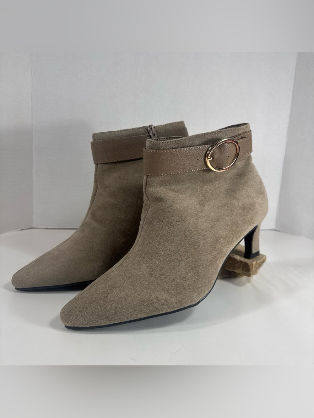 Women's Taupe Suede Ankle Boot with Decorative Buckle
